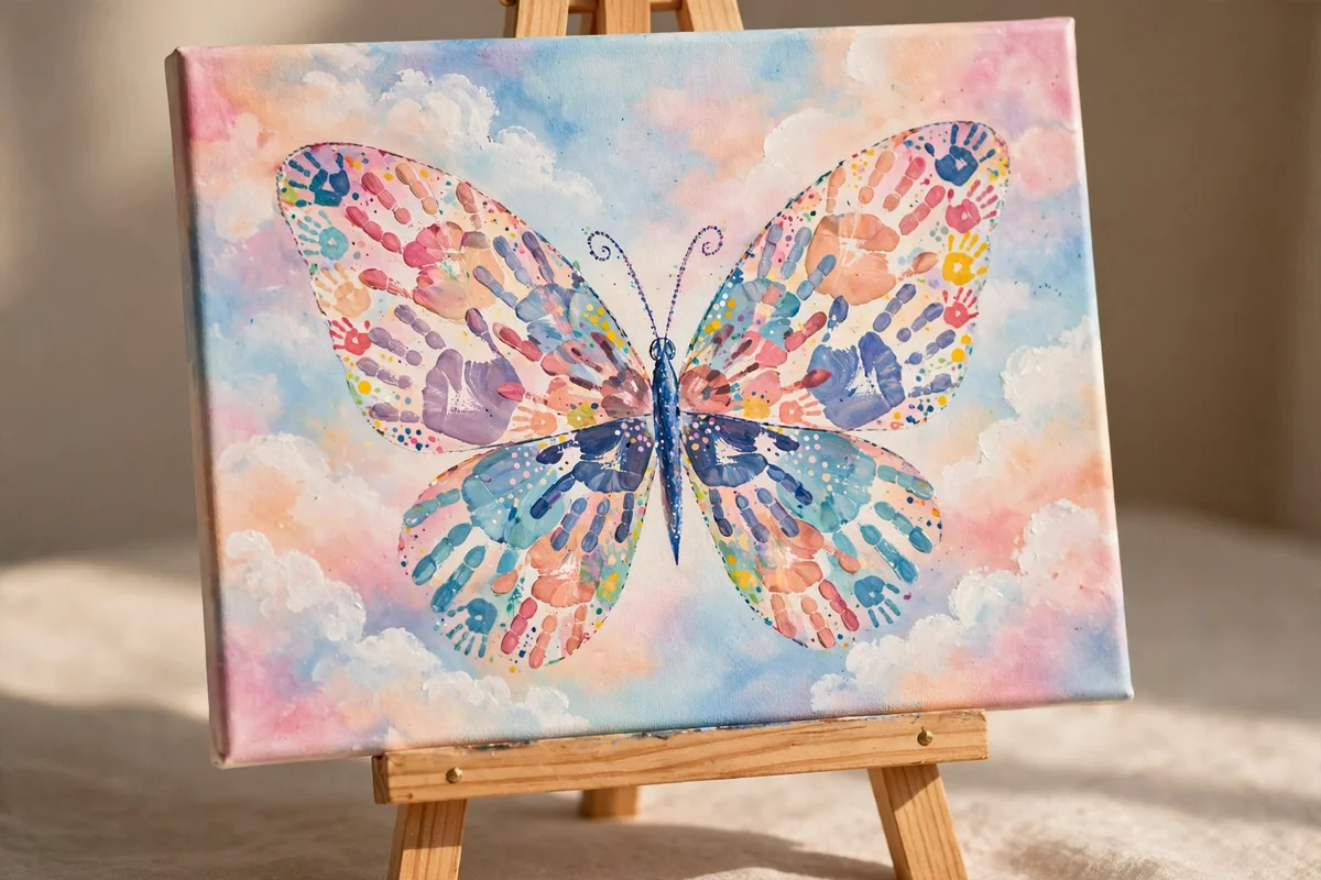 Finished handprint butterfly canvas with a blended sky background and soft cloud edges