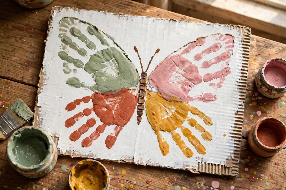 Finished rustic handprint butterfly on painted recycled cardboard in earthy tones
