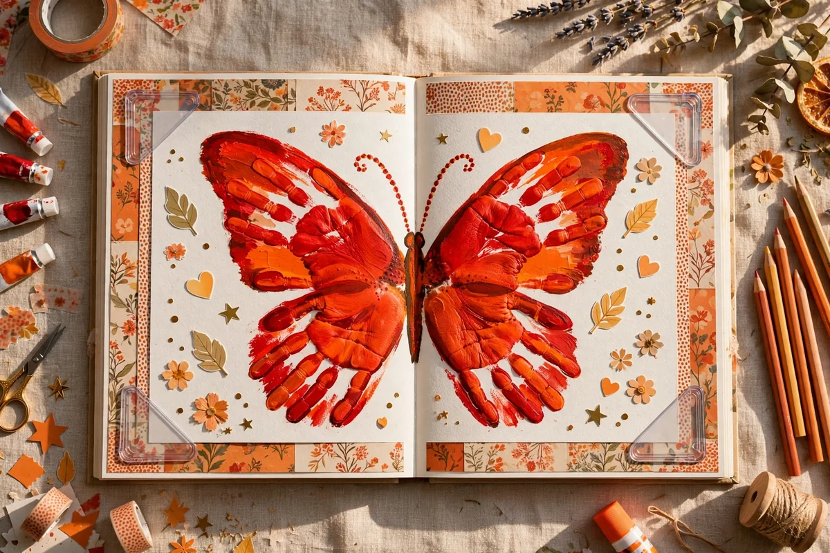 Open scrapbook page built around one large bold handprint butterfly with patterned borders