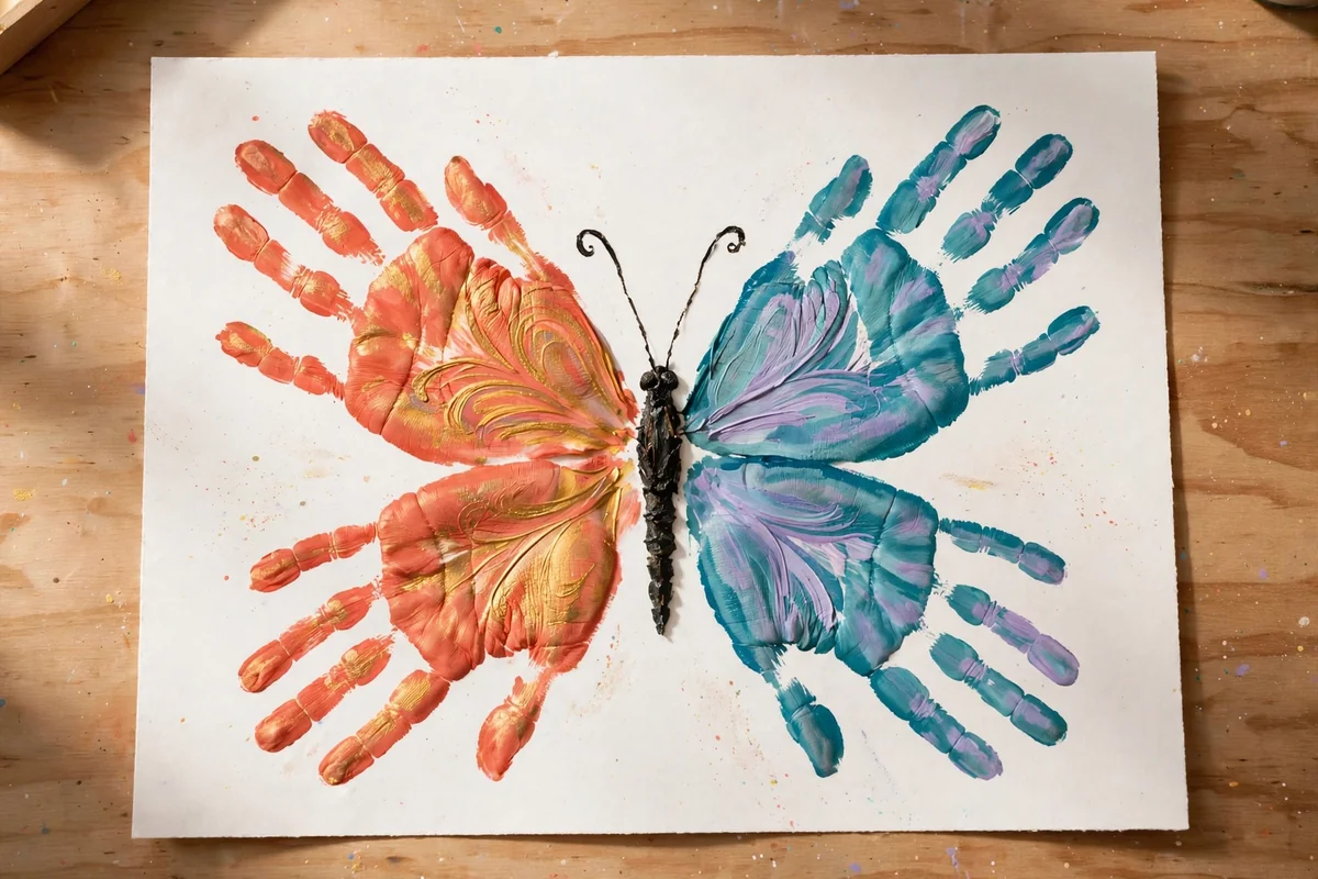 Finished two-tone handprint butterfly with warm coral wings on one side and cool teal on the other