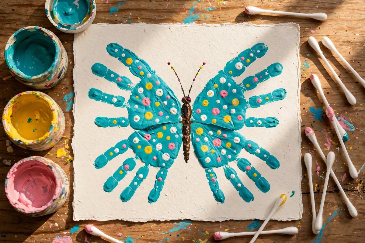 Finished handprint butterfly with polka dot patterns dabbed across turquoise wings