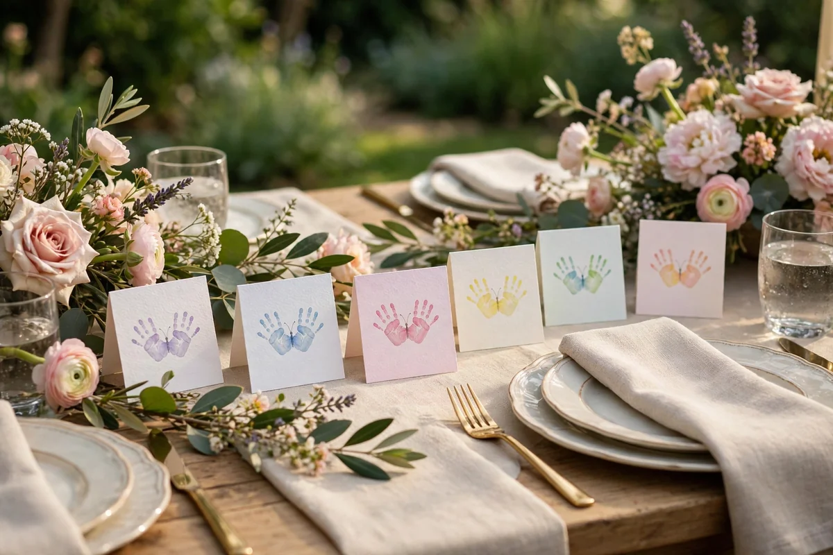 Small pastel place cards decorated with tiny handprint butterflies on a garden party table