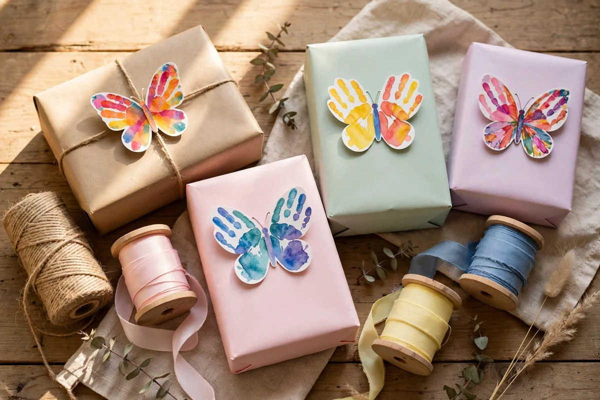 Wrapped gifts topped with small colourful handprint butterfly cut-outs as toppers