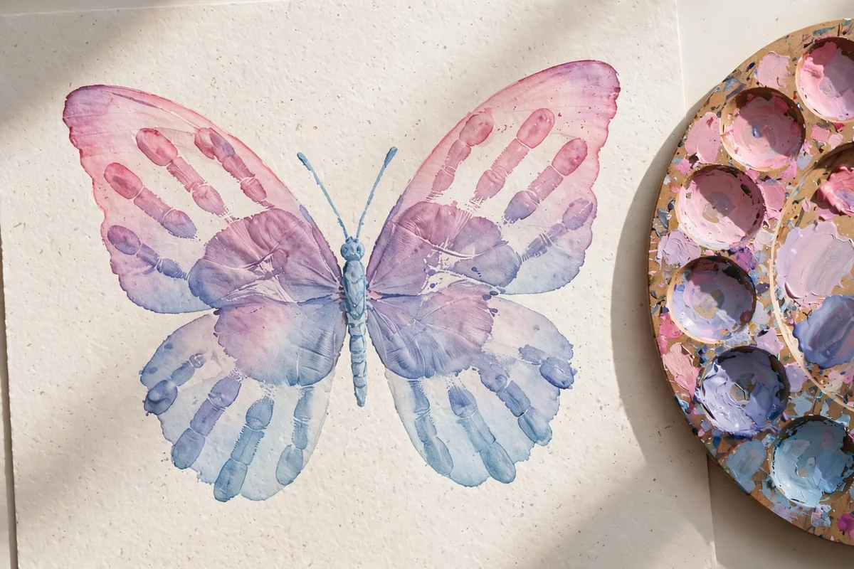 Finished ombre handprint butterfly blending pink through lavender into soft blue