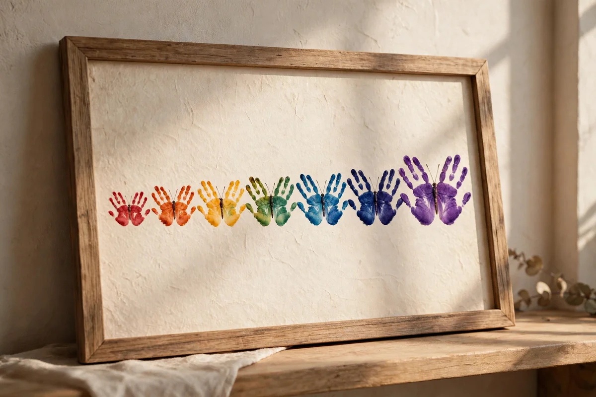 Framed keepsake with handprint butterflies arranged in gradually increasing sizes