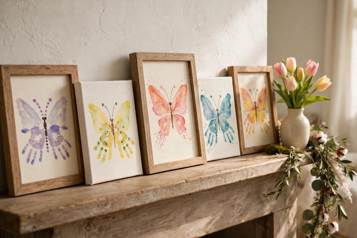 Spring mantel display of framed handprint butterfly artworks leaning in a row with tulips