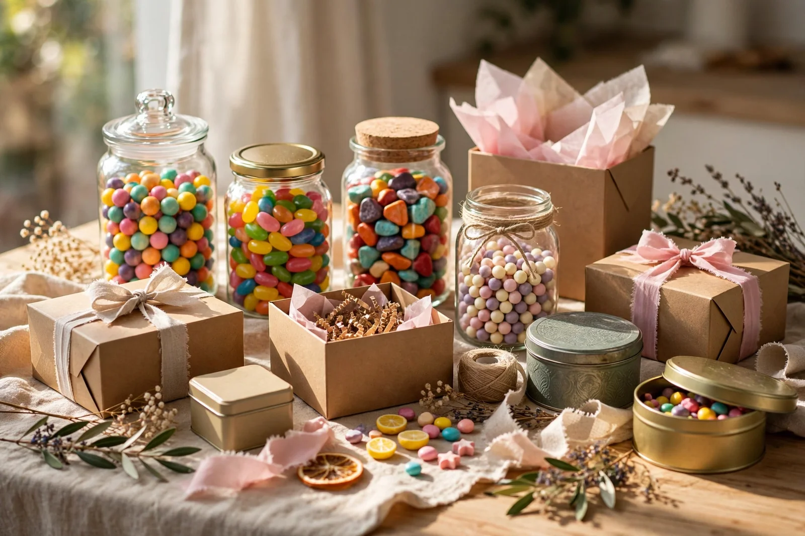 Candy gift packaging display with kraft boxes, glass jars, tins and ribbons