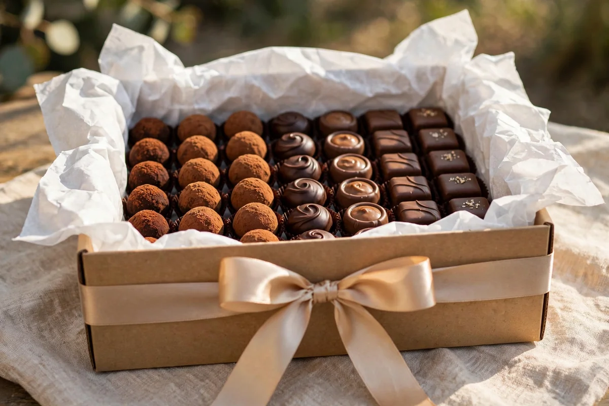 Kraft gift box lined with tissue and filled with chocolates, tied with satin ribbon