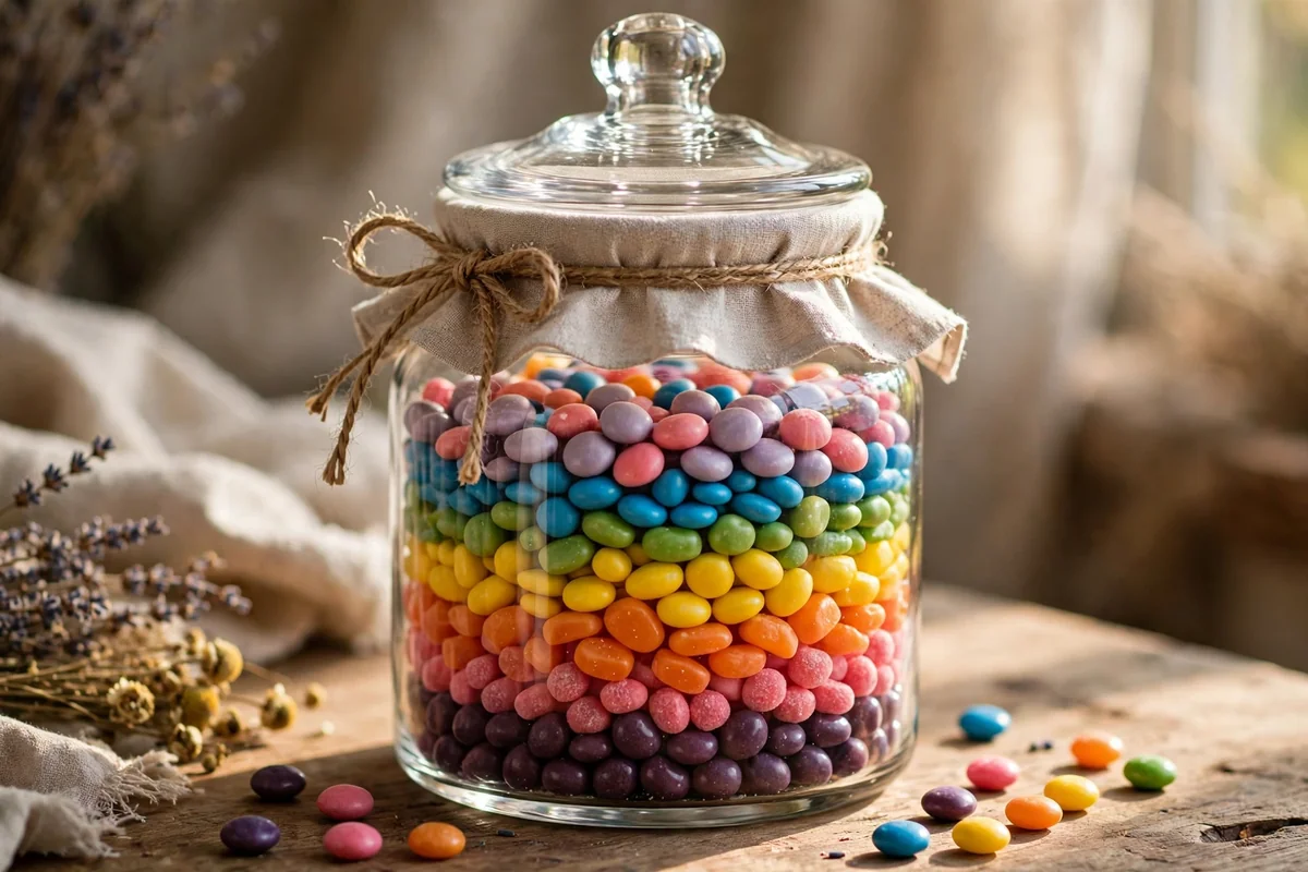 Clear glass jar filled with layered colourful candies and a linen lid cover