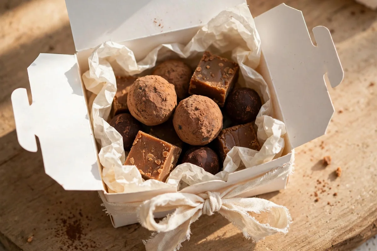 Small white bakery box with truffles and fudge in crinkled tissue