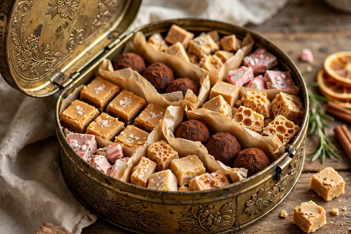 Decorative reusable tin with assorted candies separated by parchment