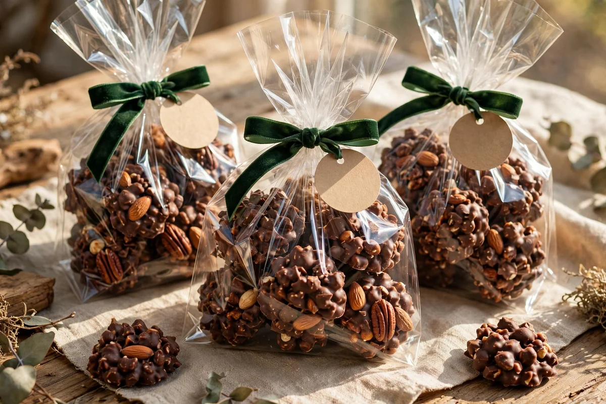 Cellophane bags of chocolate clusters tied with green velvet ribbon