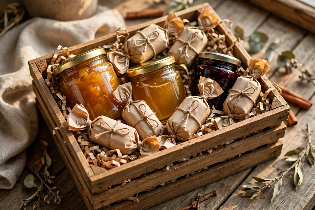 Slatted wooden crate filled with jars and wrapped candy bars