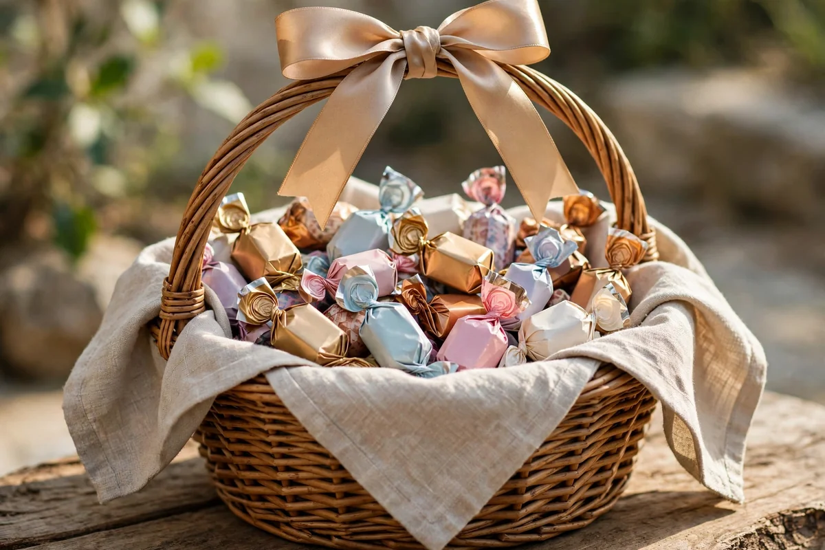 Woven basket lined with linen and filled with wrapped candy packages