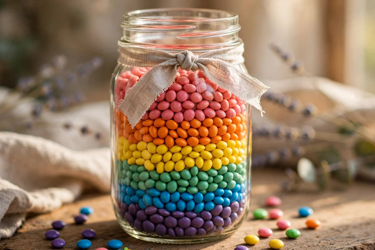 Mason jar with candies layered in stripes and a linen ribbon at its neck