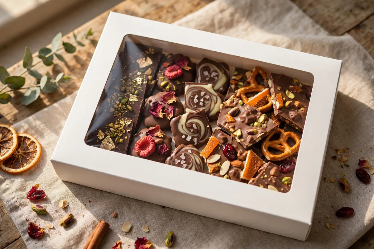 White window gift box showing decorated chocolates and candy bark