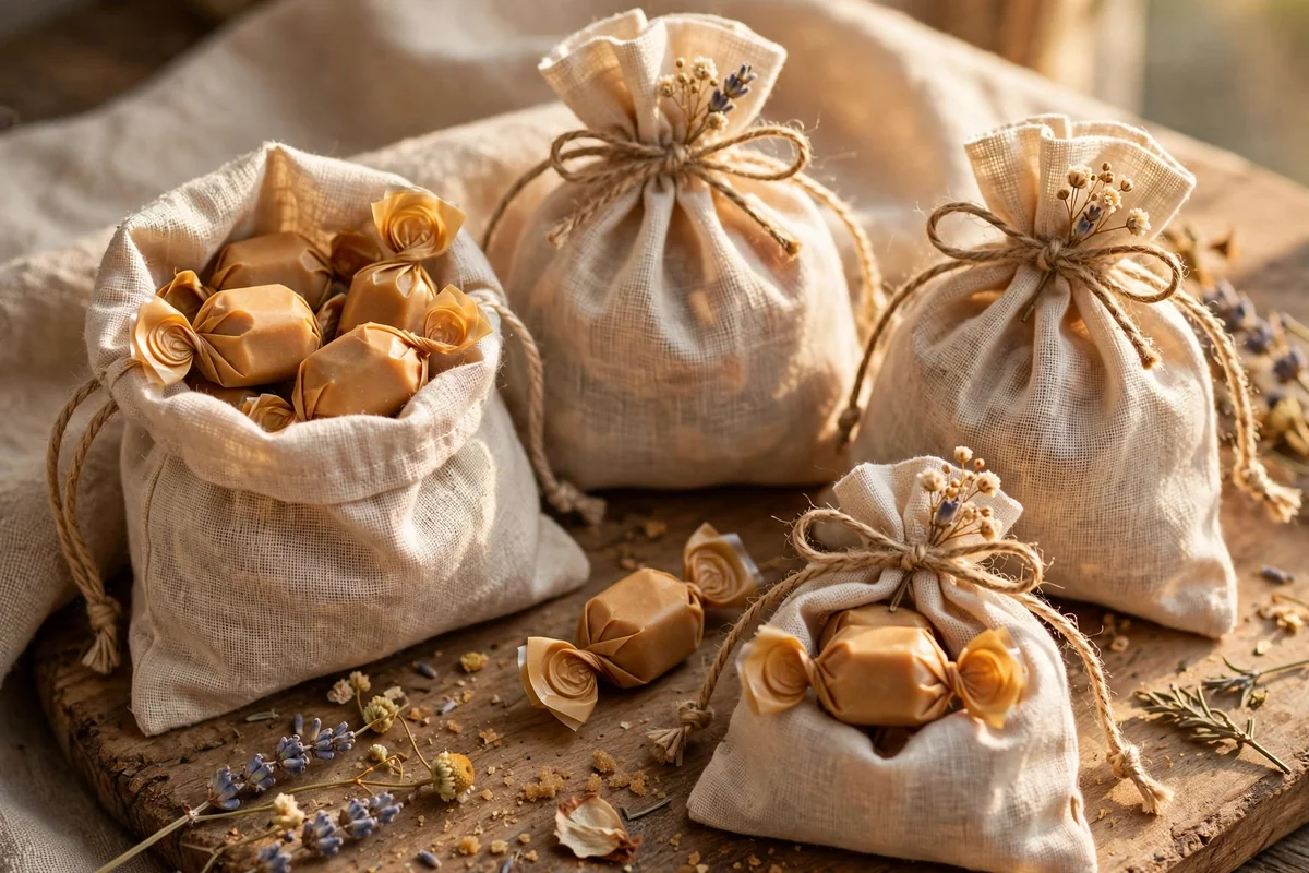 Muslin drawstring bags with wrapped caramels, twine and dried flowers