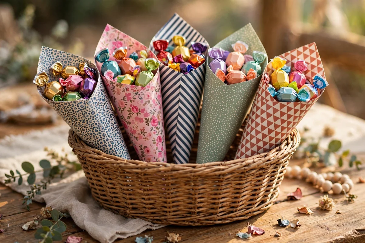 Patterned paper cones of wrapped candies standing in a woven basket