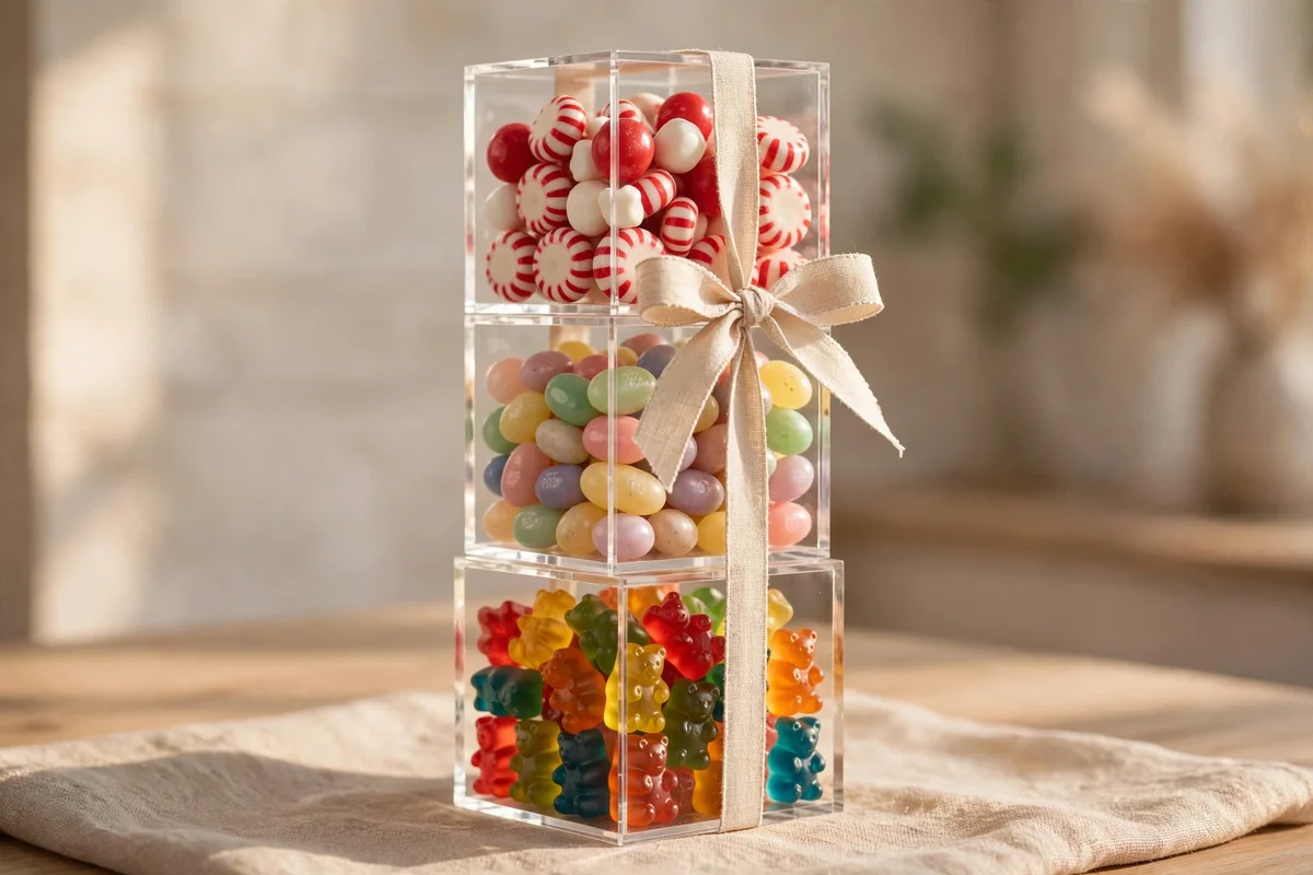 Three clear cubes of different candies stacked and tied with ribbon