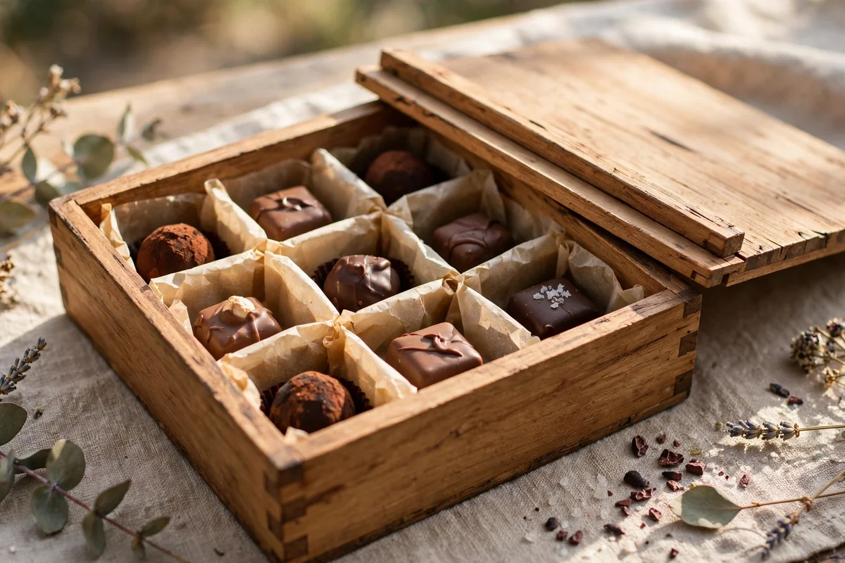 Wooden box with sliding lid open to show chocolates in parchment sections