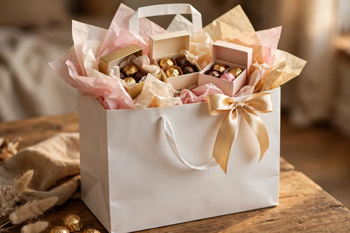 White gift bag with layered tissue paper and candy boxes inside