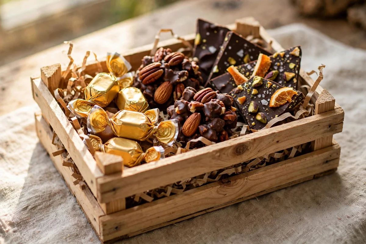 Miniature wood crate with a tasting selection of wrapped candies