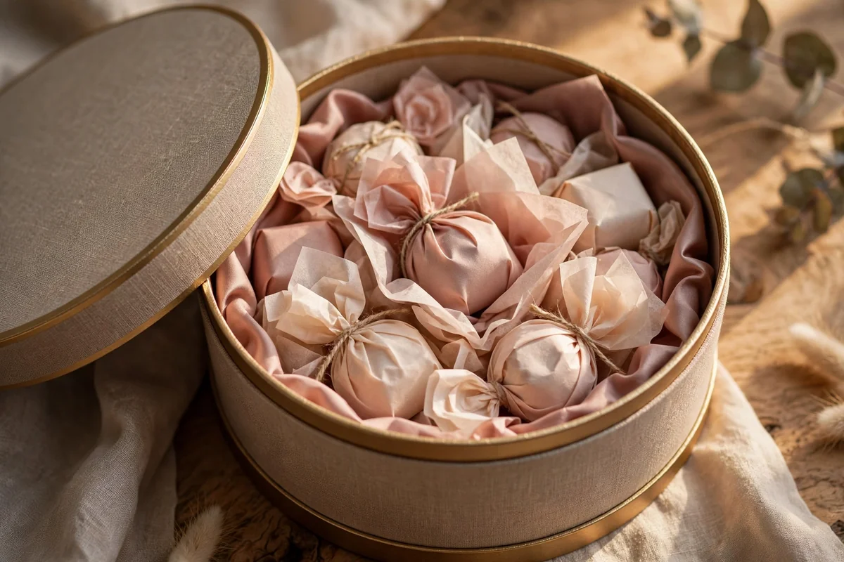 Round hat box opened to reveal tissue wrapped candy packages