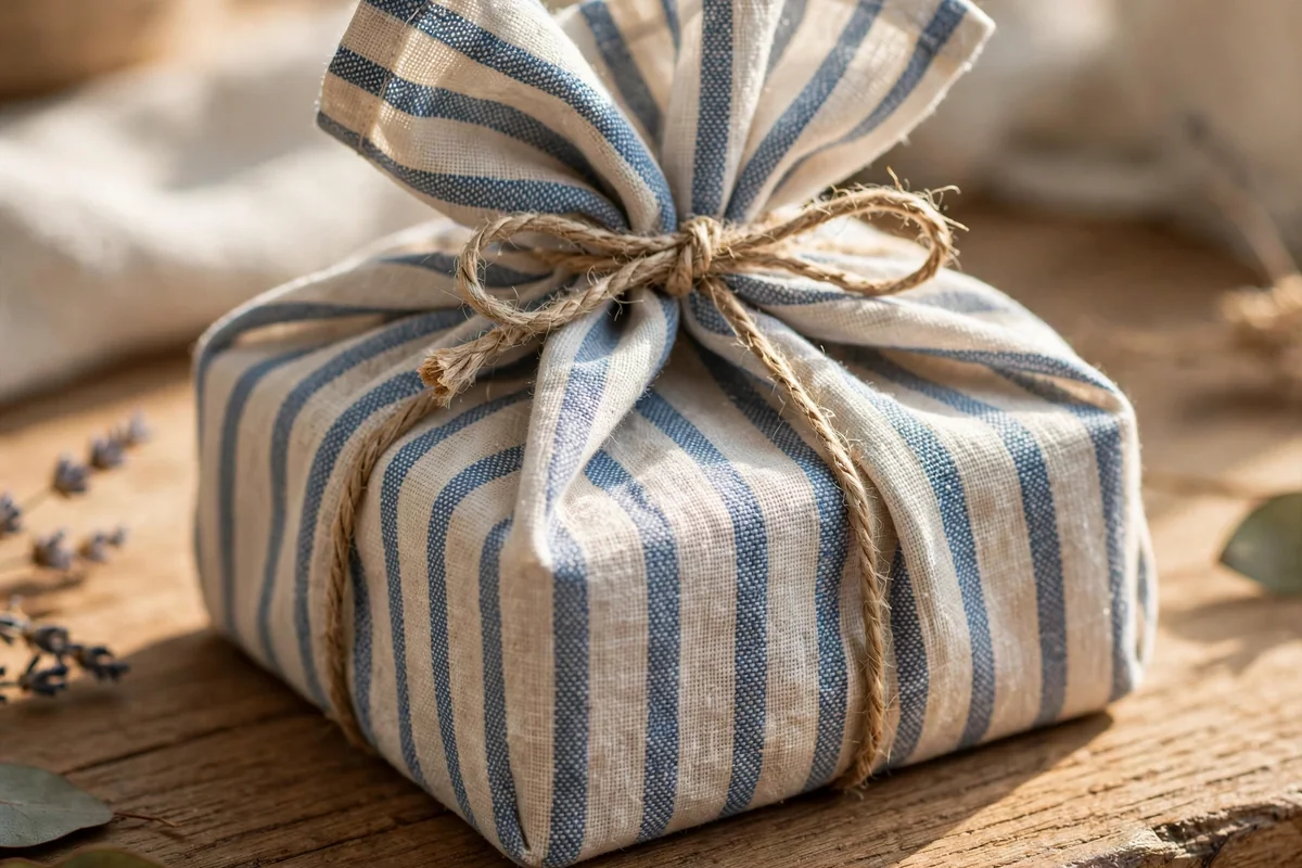 Candy box wrapped inside a striped linen tea towel tied with twine