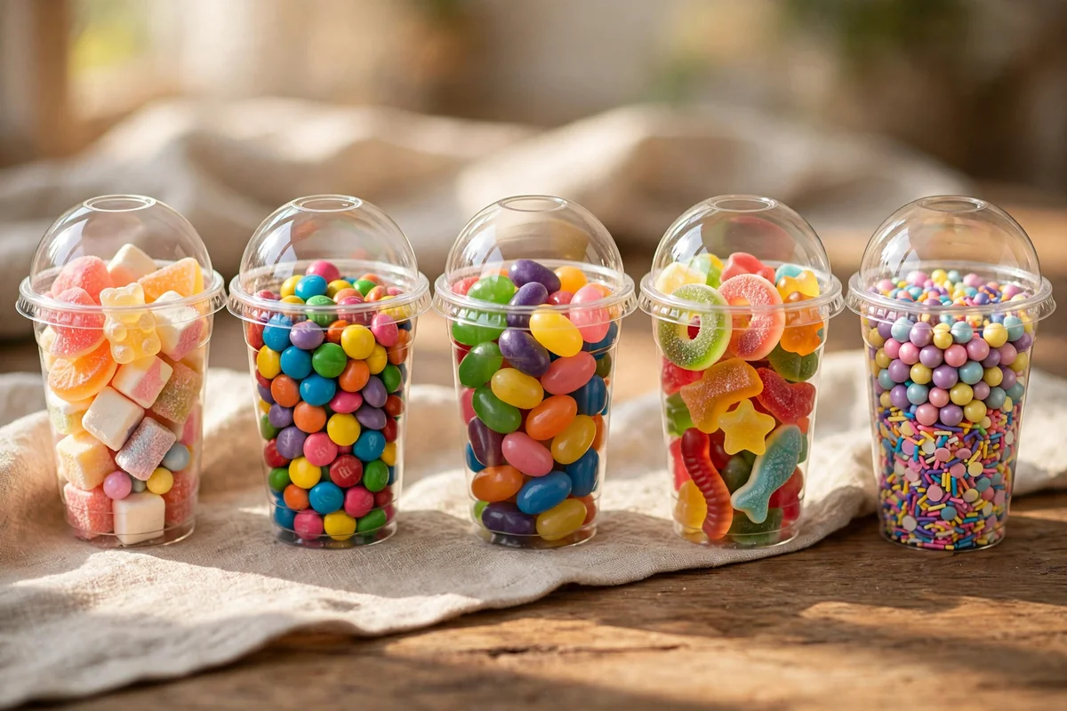 Clear dessert cups with domed lids filled with colourful candy portions