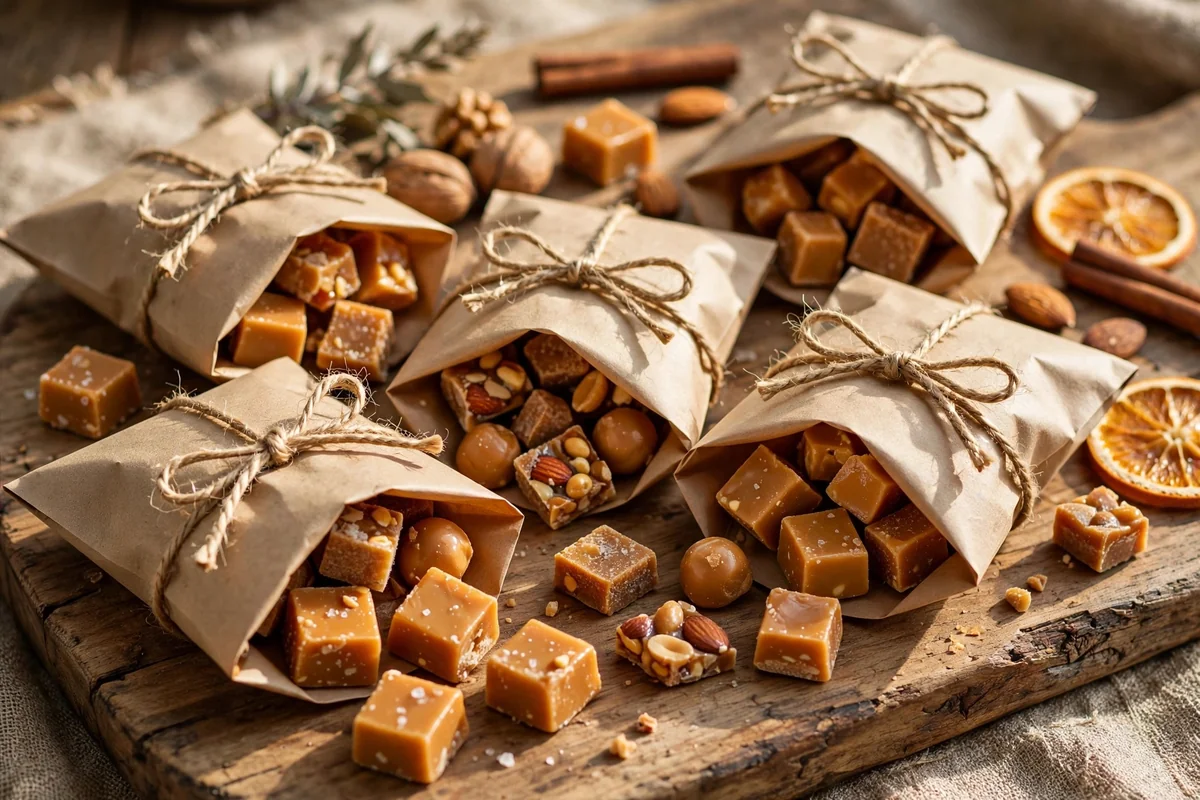 Kraft paper pouches of candy folded and sealed with twine on a board