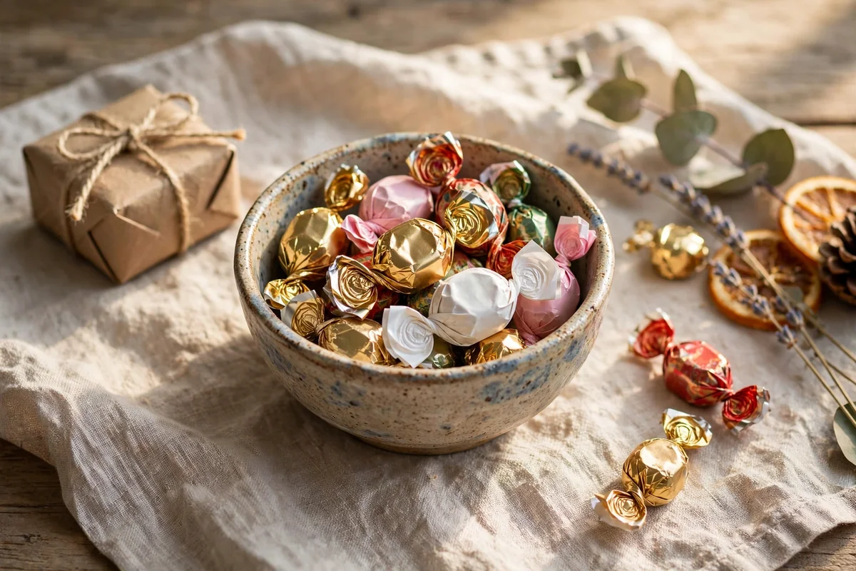 Handmade ceramic bowl filled with wrapped candies on a linen cloth