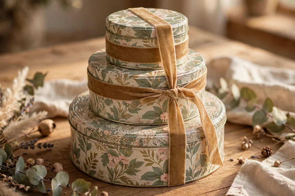 Three coordinating tins stacked in a tier and tied with wide ribbon