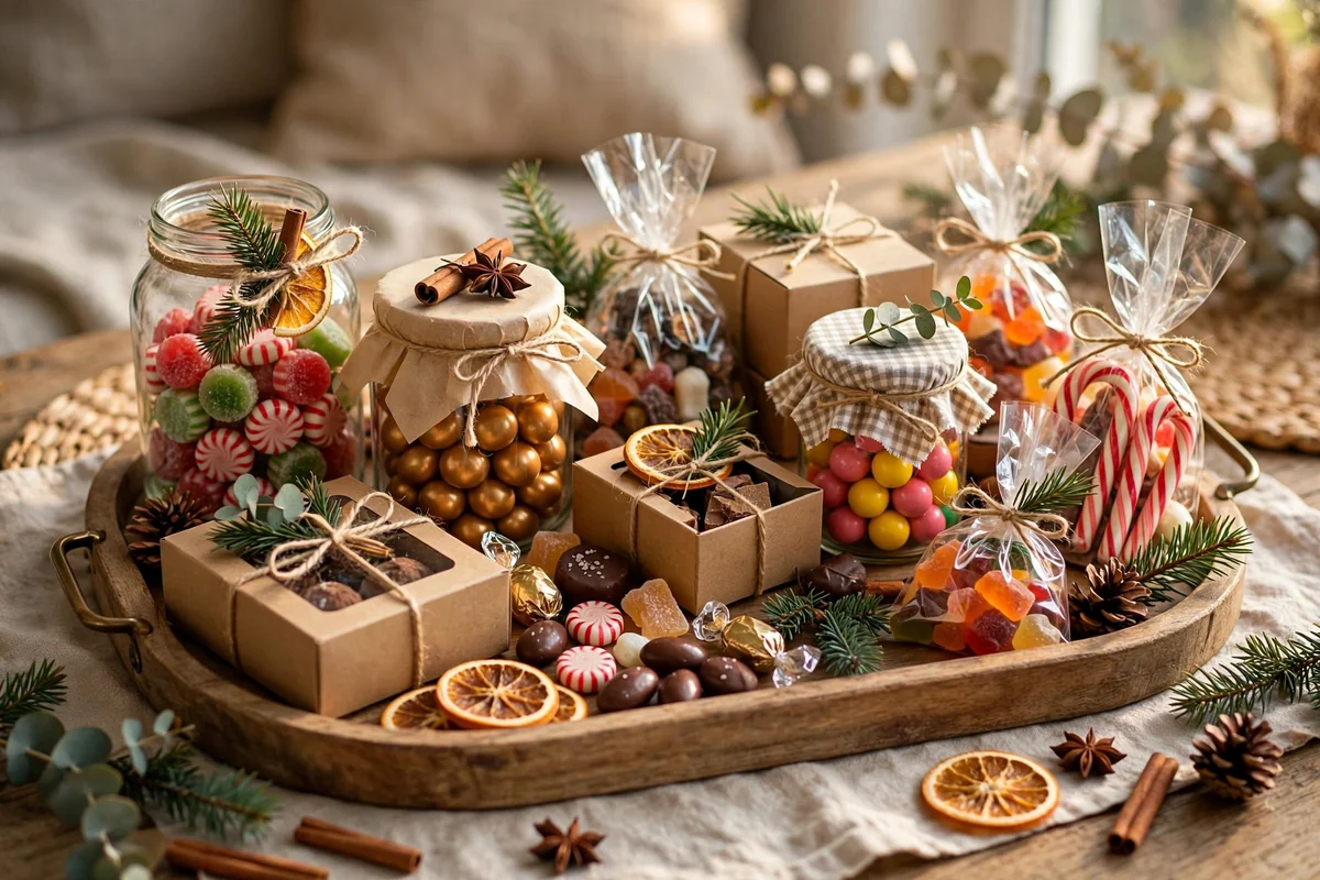Serving tray arranged with jars, boxes and bags of candy as a gift