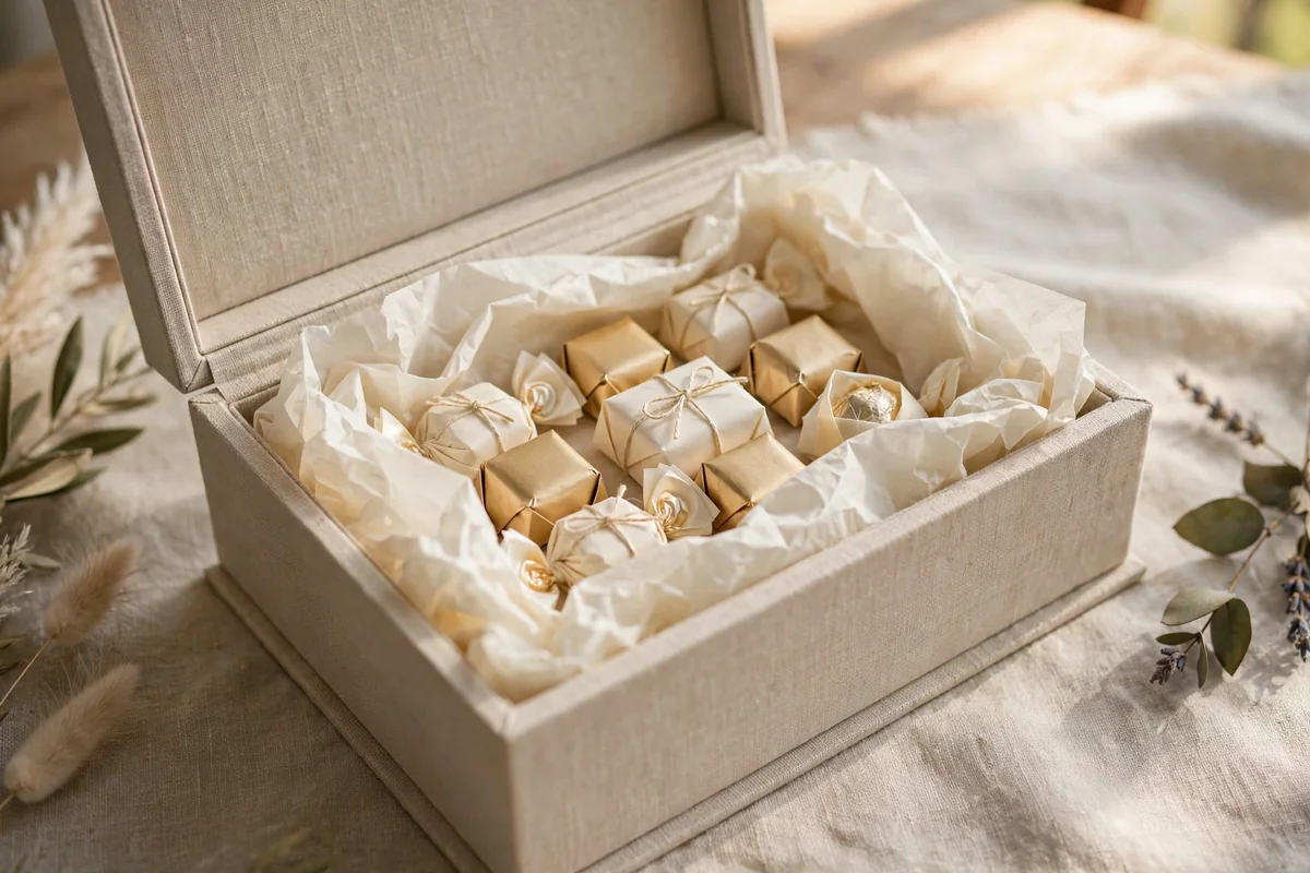 Linen covered keepsake box with candy packages in ivory tissue