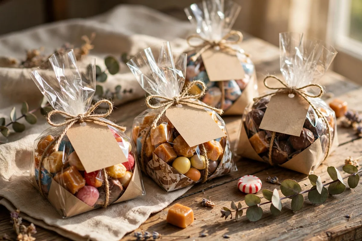 Candy gift parcels finished with handmade kraft name tags and twine