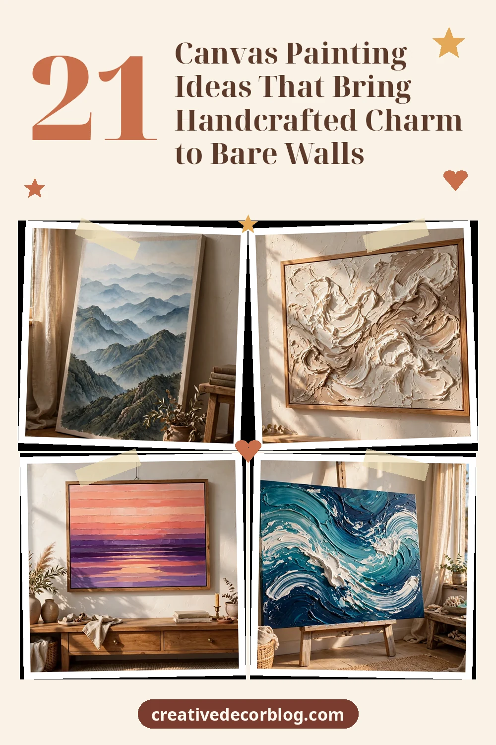 Pinterest pin with four canvas painting photos and the article title