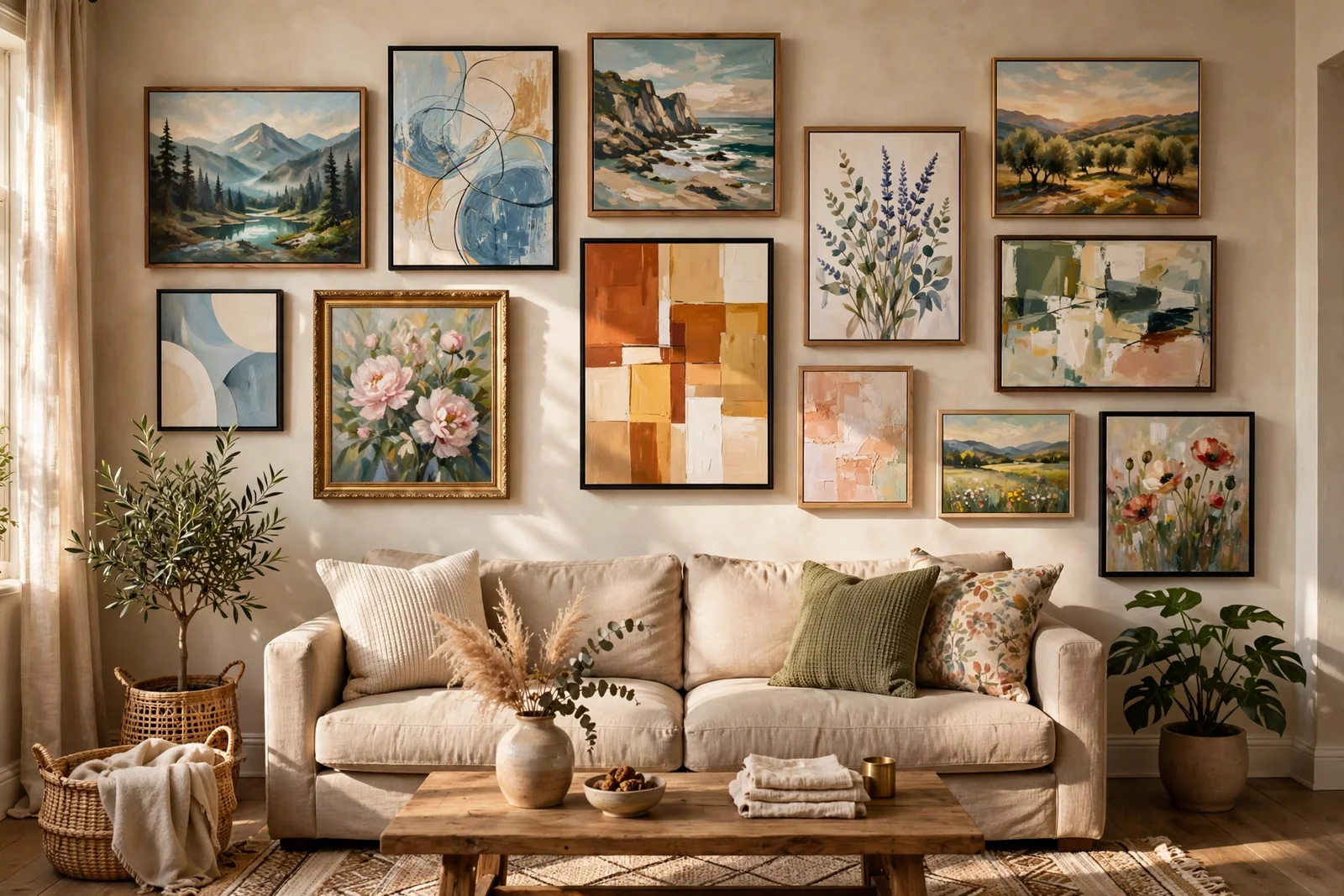 A gallery wall of finished canvas paintings in many styles above a sofa