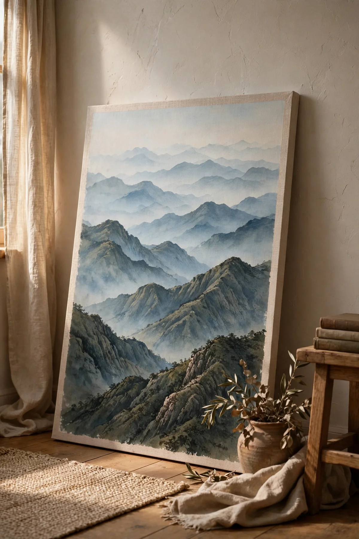 A canvas painting of layered mountain ridges in blue haze
