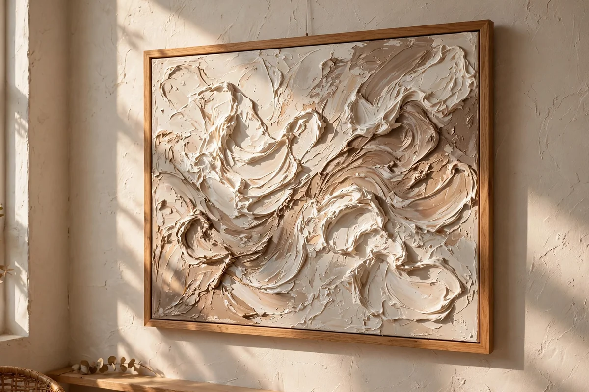 An abstract neutral canvas with thick palette knife texture