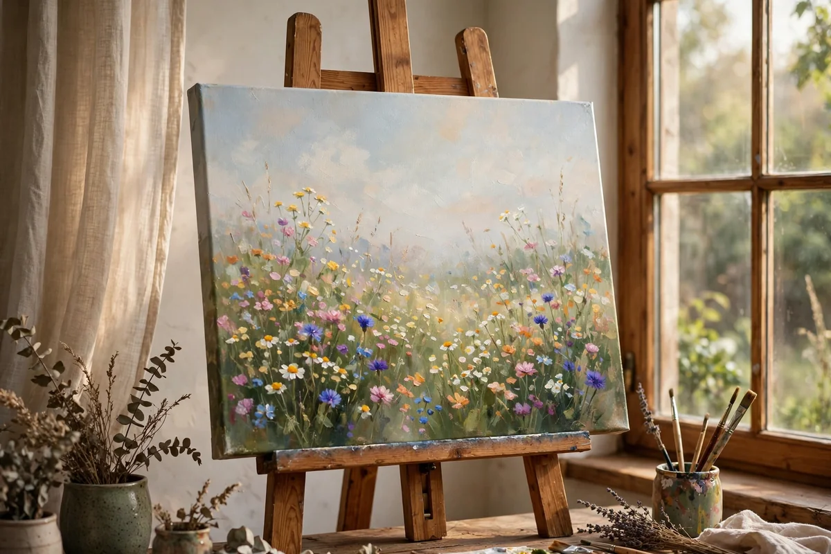 A canvas painting of a dotted wildflower meadow