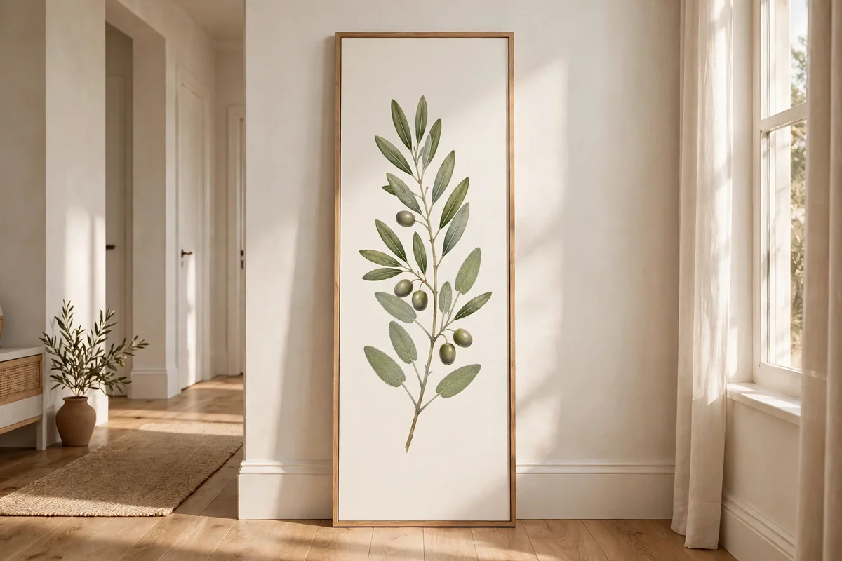 A minimalist canvas painting of a single olive branch