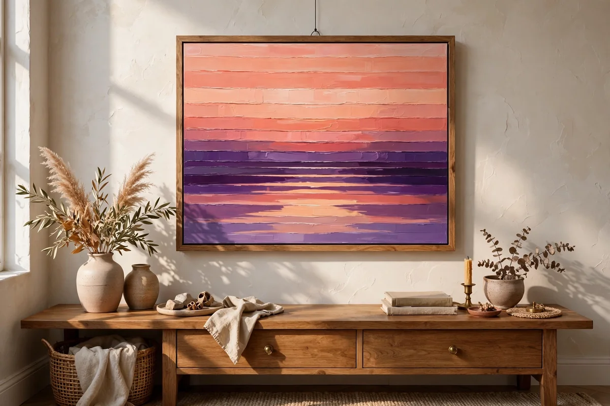 A canvas painting of sunset bands reflected in water
