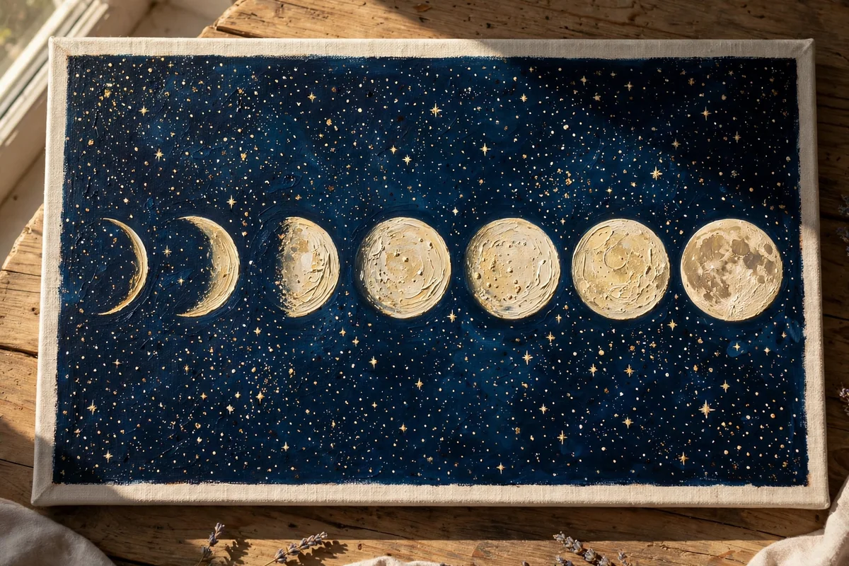 A canvas painting of moon phases on a deep navy ground