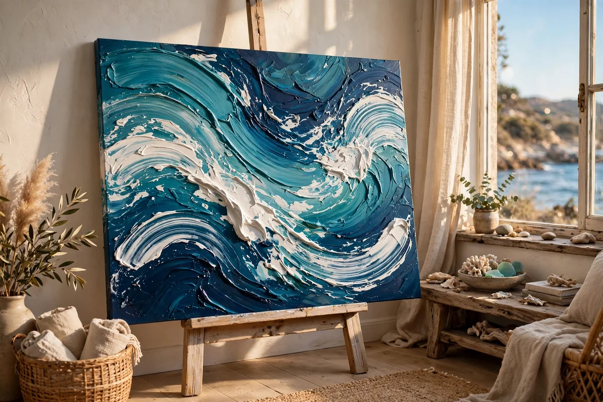 An abstract canvas painting of ocean waves and foam