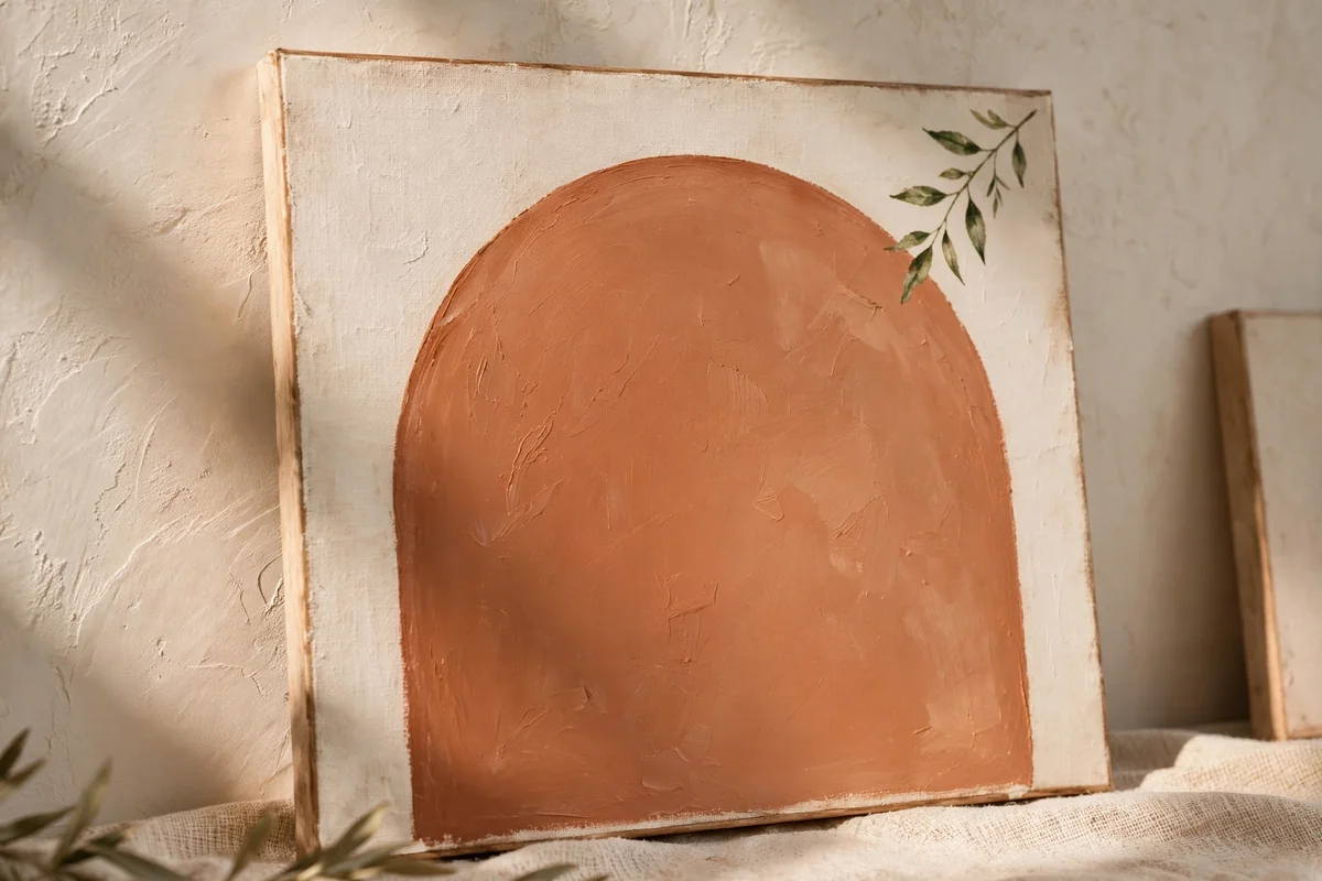 A canvas painting of a terracotta arch with a leafy stem