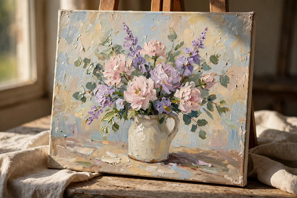 An impressionist canvas painting of a bouquet in a jug