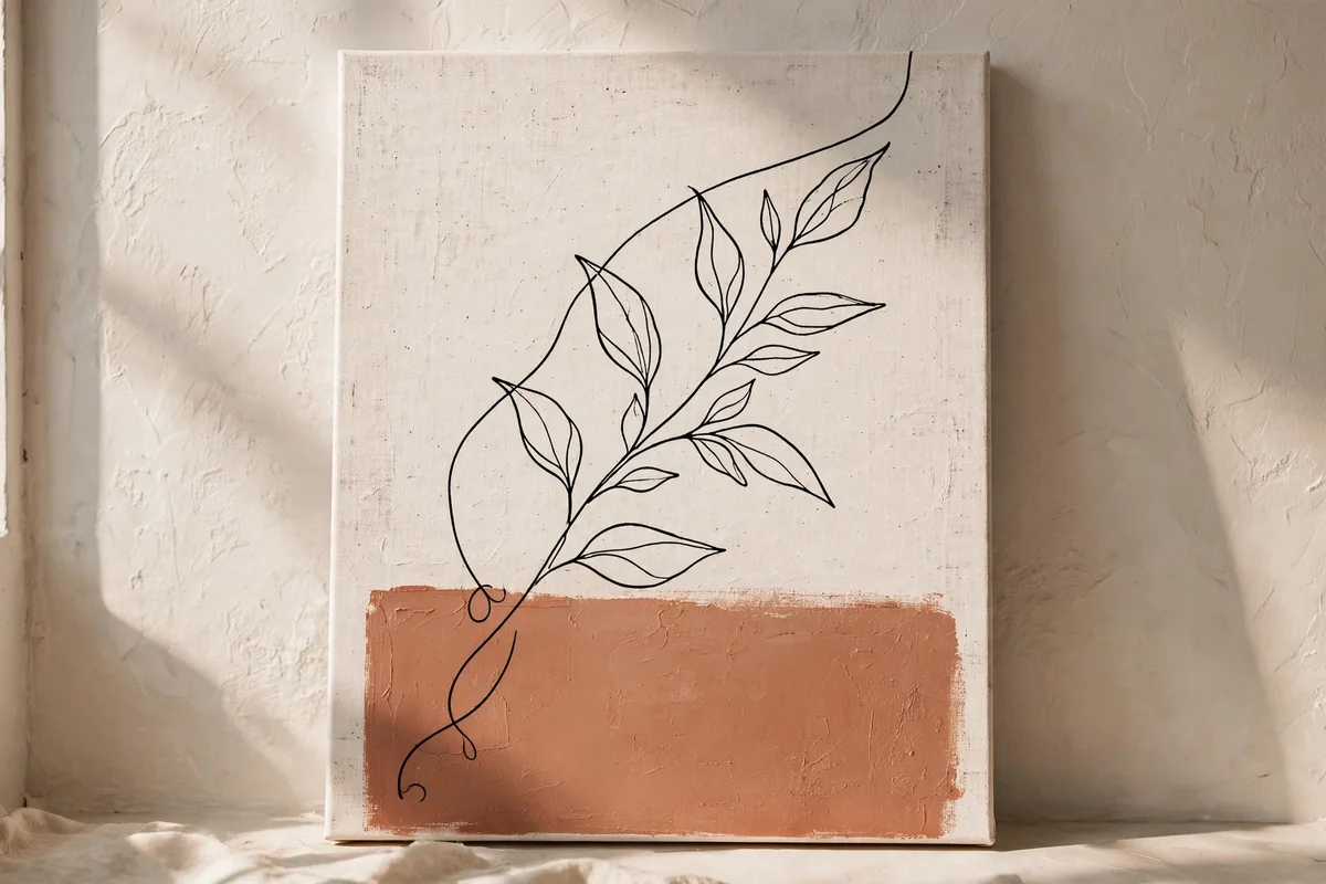 A single line drawing of a plant over a colour block