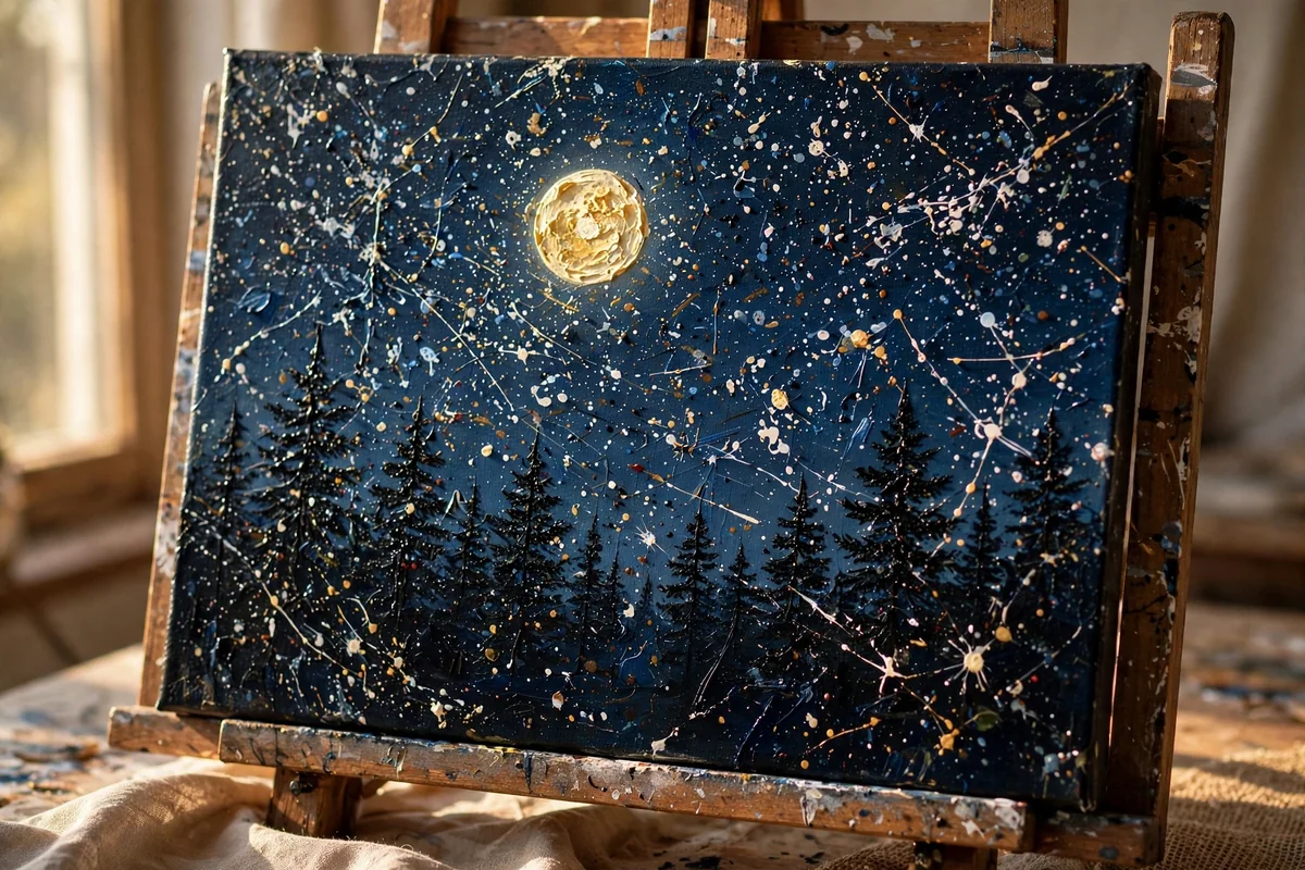 A starry night canvas with a pine silhouette