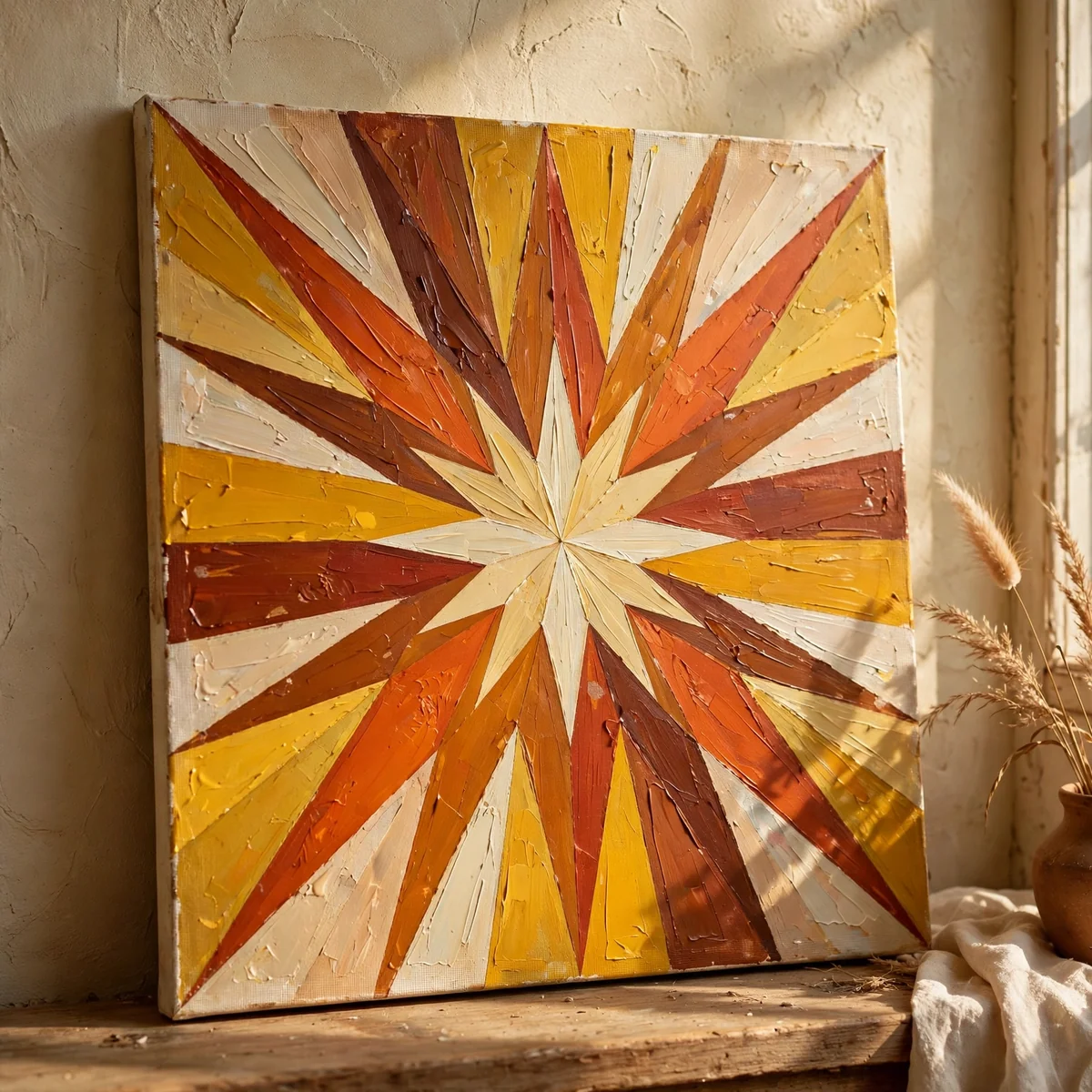A geometric sunburst canvas in retro ochre colours