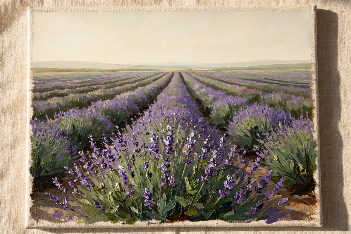 A canvas painting of lavender rows under a pale sky